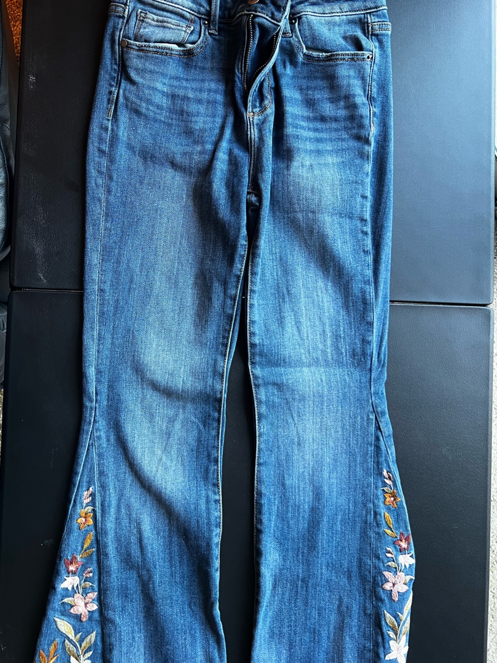DRIFTWOOD Boot Cut Jeans in Medium Blue with Floral Embroidery